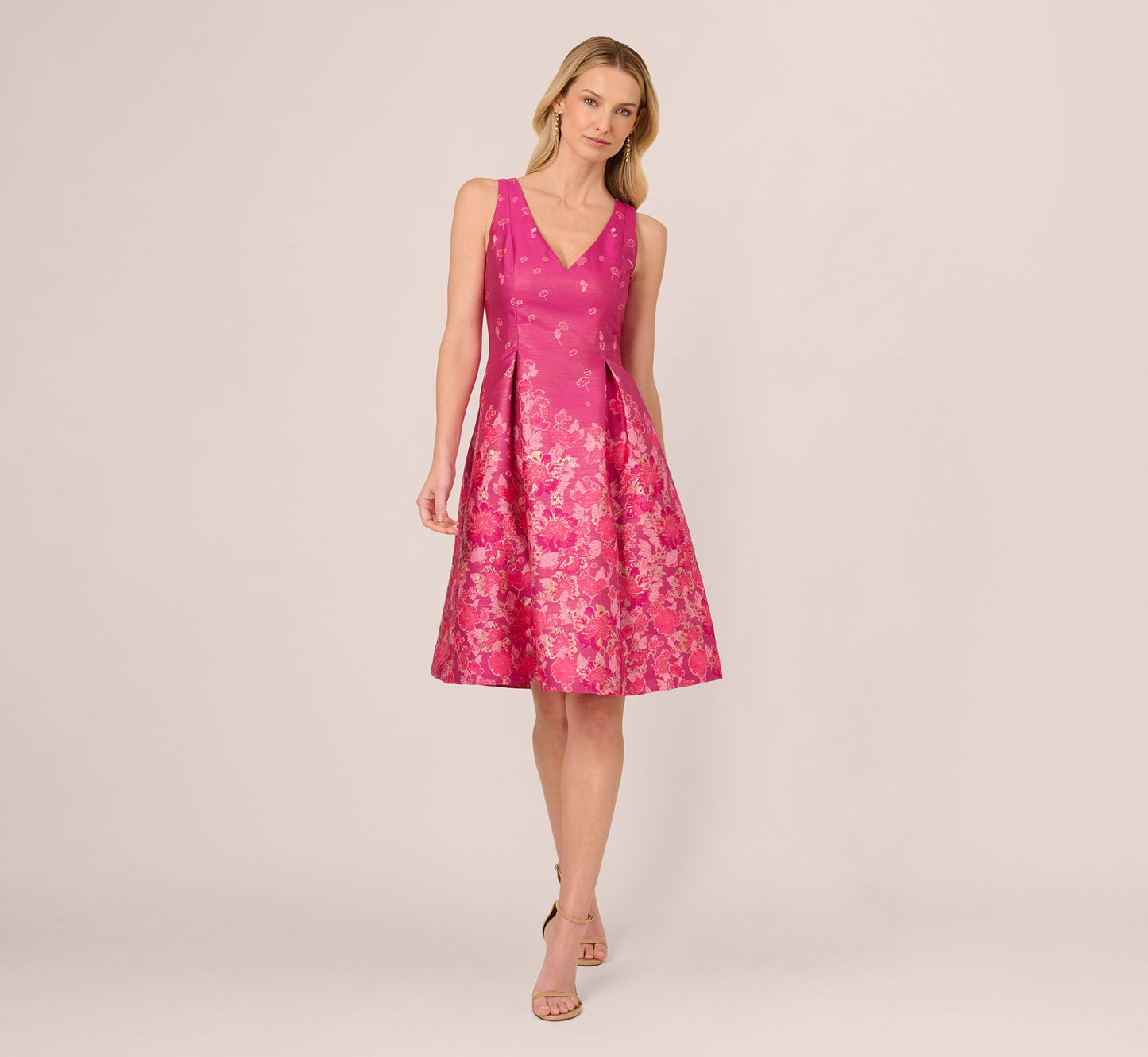 V Neck Floral Hem Jacquard Midi Dress In Pink Multi
