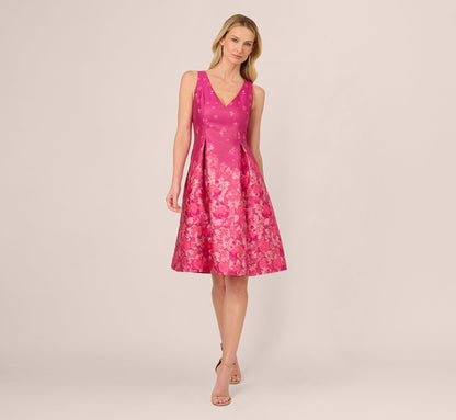 V Neck Floral Hem Jacquard Midi Dress In Pink Multi