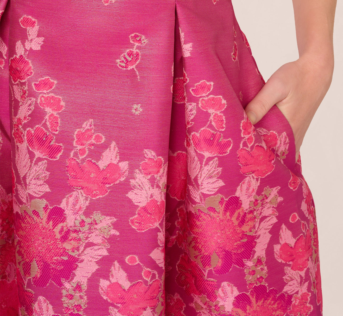 V Neck Floral Hem Jacquard Midi Dress In Pink Multi