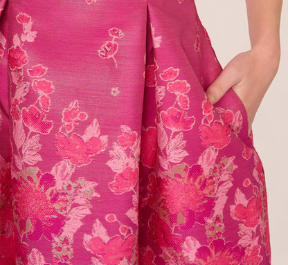 V Neck Floral Hem Jacquard Midi Dress In Pink Multi