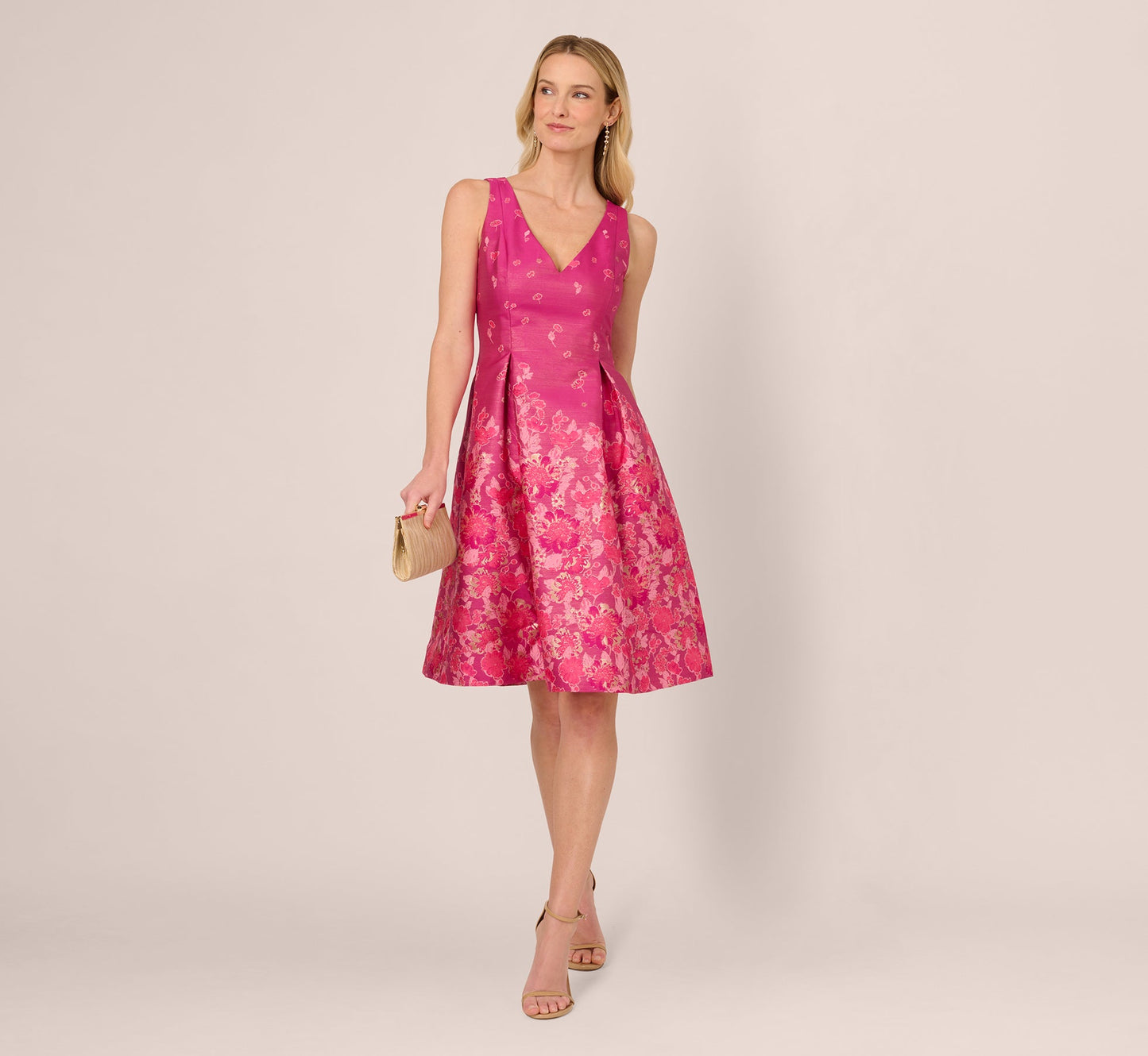 V Neck Floral Hem Jacquard Midi Dress In Pink Multi