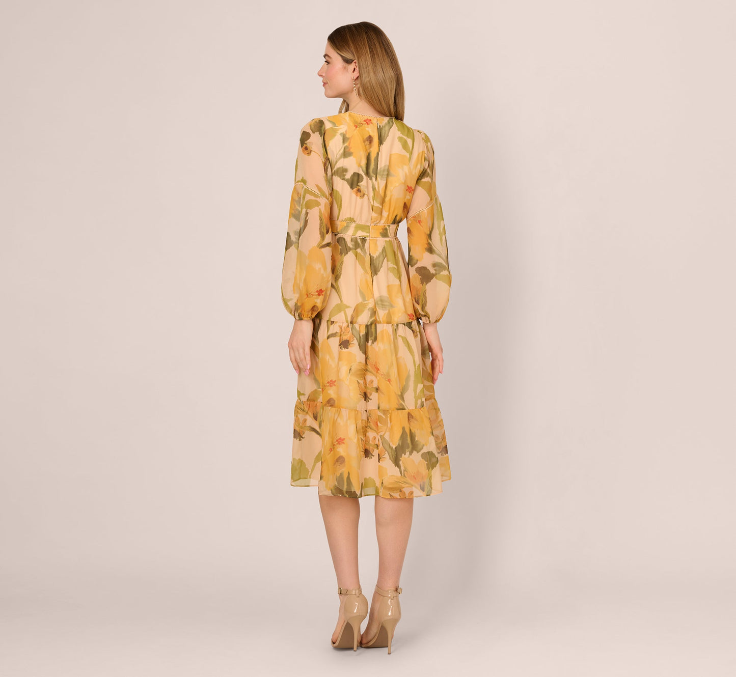 Long Sleeve Floral Organza Midi Dress In Ecru Yellow Multi