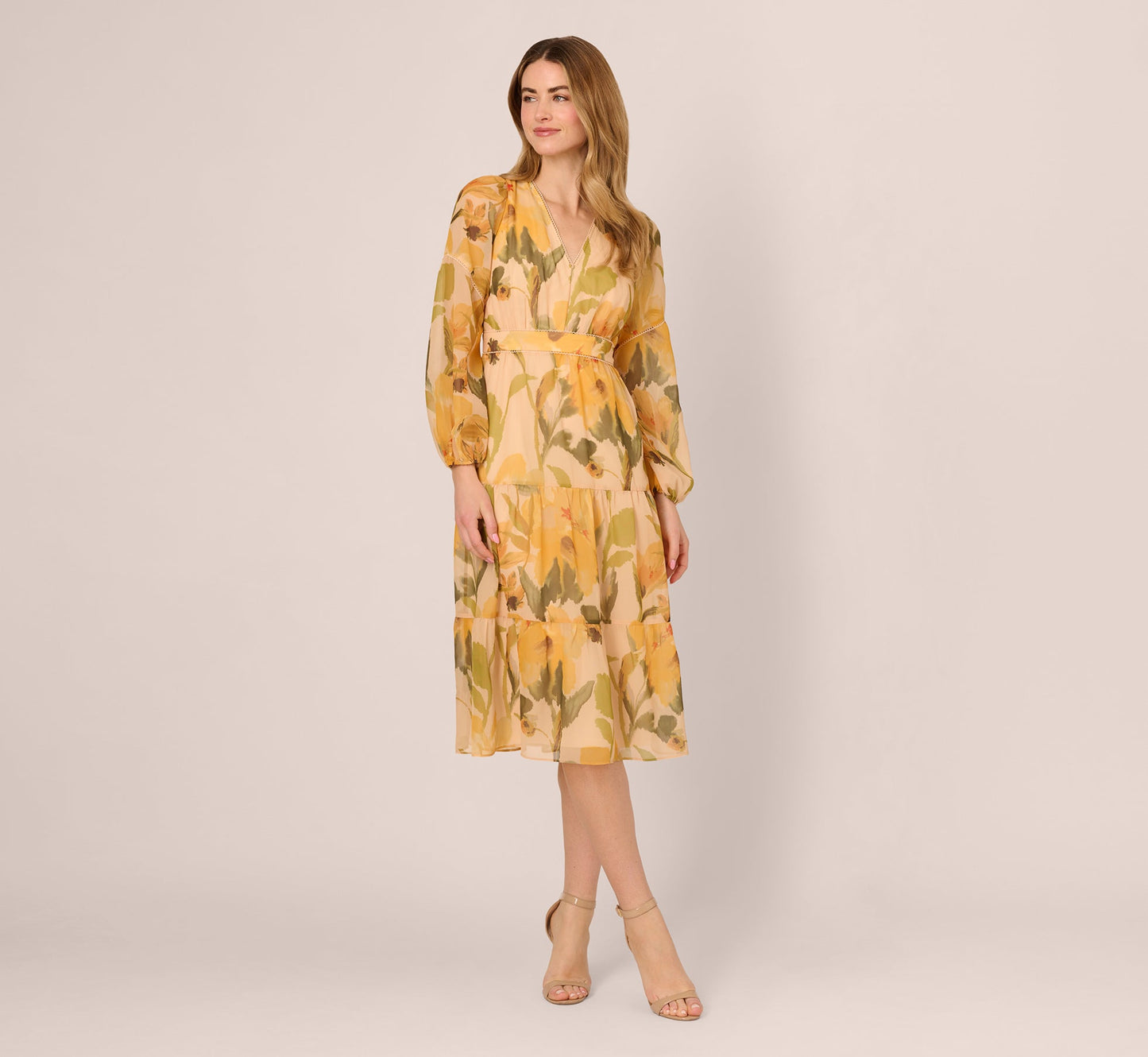 Long Sleeve Floral Organza Midi Dress In Ecru Yellow Multi