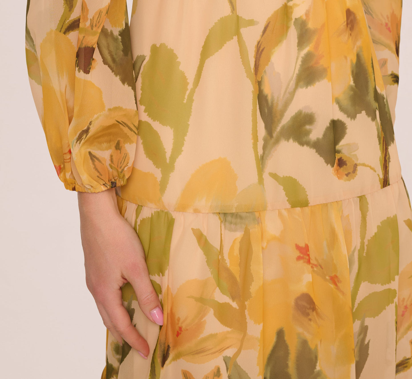 Long Sleeve Floral Organza Midi Dress In Ecru Yellow Multi