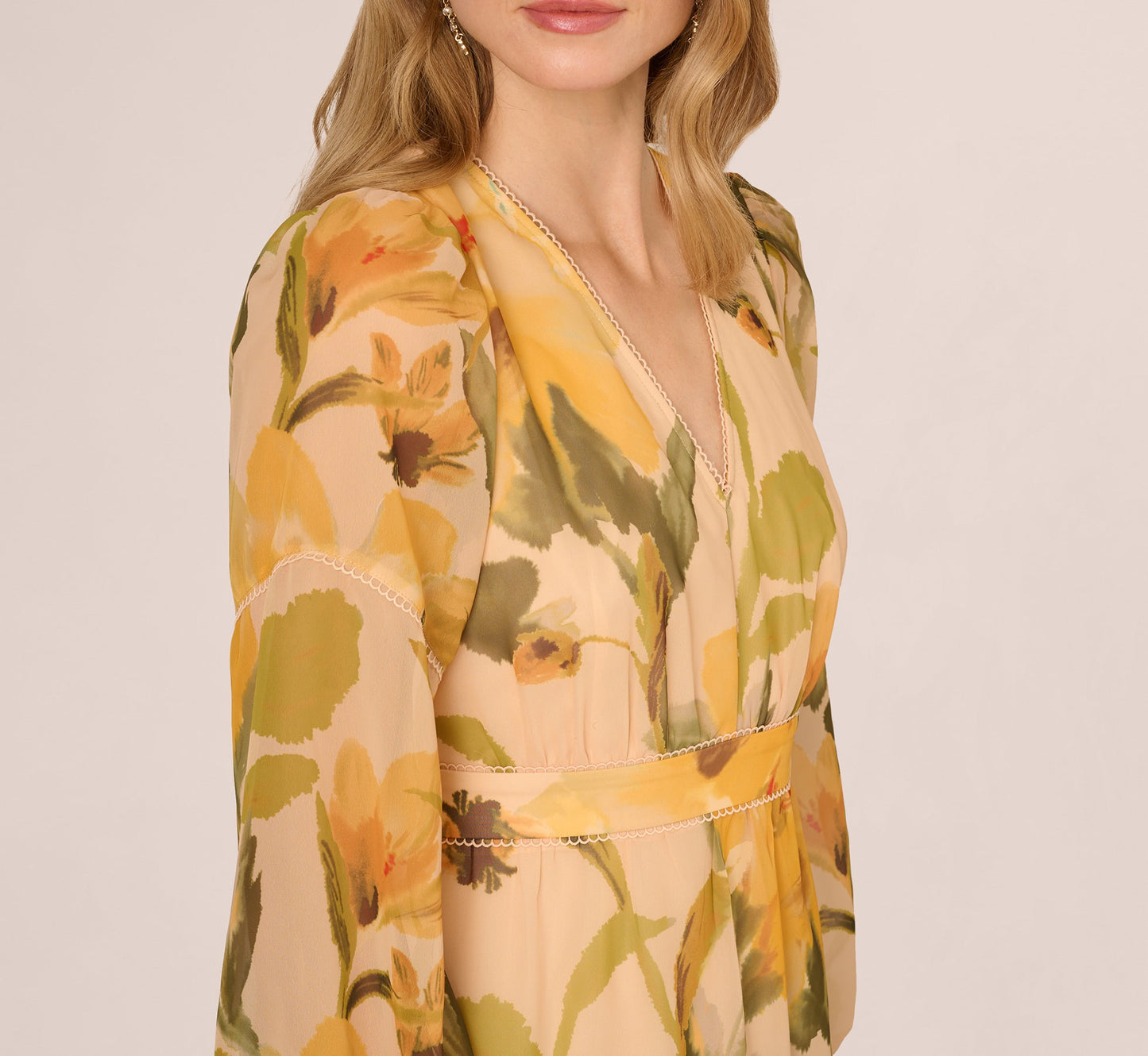 Long Sleeve Floral Organza Midi Dress In Ecru Yellow Multi