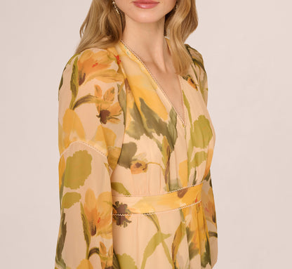 Long Sleeve Floral Organza Midi Dress In Ecru Yellow Multi