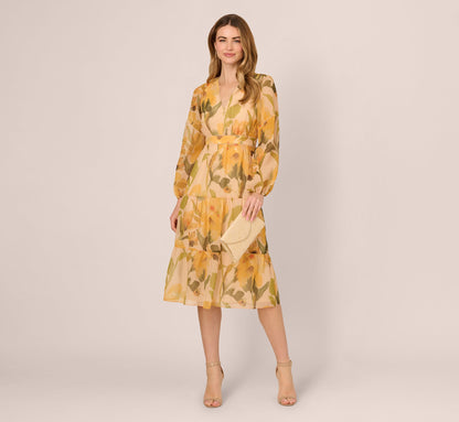 Long Sleeve Floral Organza Midi Dress In Ecru Yellow Multi