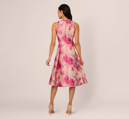 Sleeveless Floral Jacquard Fit And Flare High Low Dress In Pink Multi