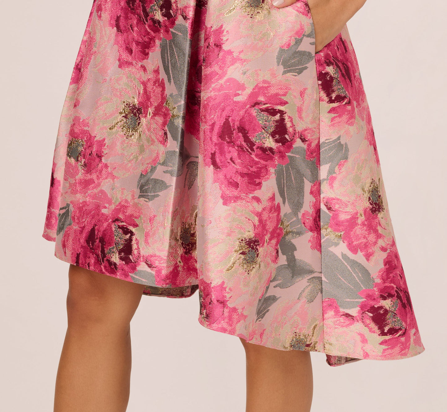 Sleeveless Floral Jacquard Fit And Flare High Low Dress In Pink Multi