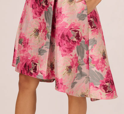Sleeveless Floral Jacquard Fit And Flare High Low Dress In Pink Multi