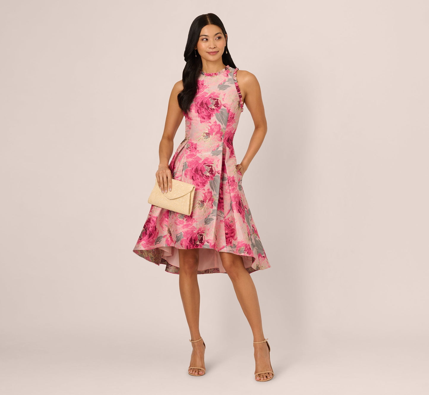 Sleeveless Floral Jacquard Fit And Flare High Low Dress In Pink Multi