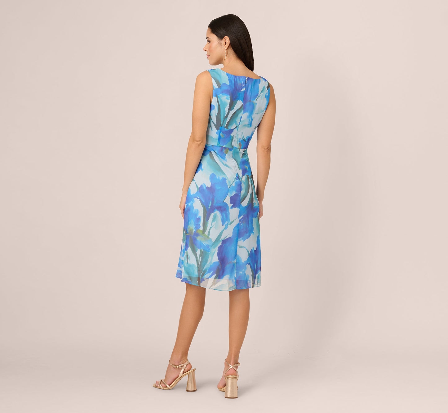 Sleeveless Draped Floral Chiffon Midi Sheath Dress In Blue Multi