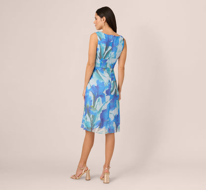 Sleeveless Draped Floral Chiffon Midi Sheath Dress In Blue Multi