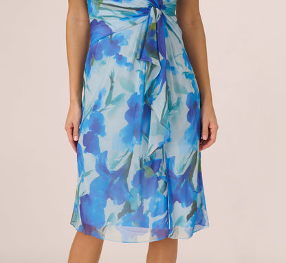 Sleeveless Draped Floral Chiffon Midi Sheath Dress In Blue Multi