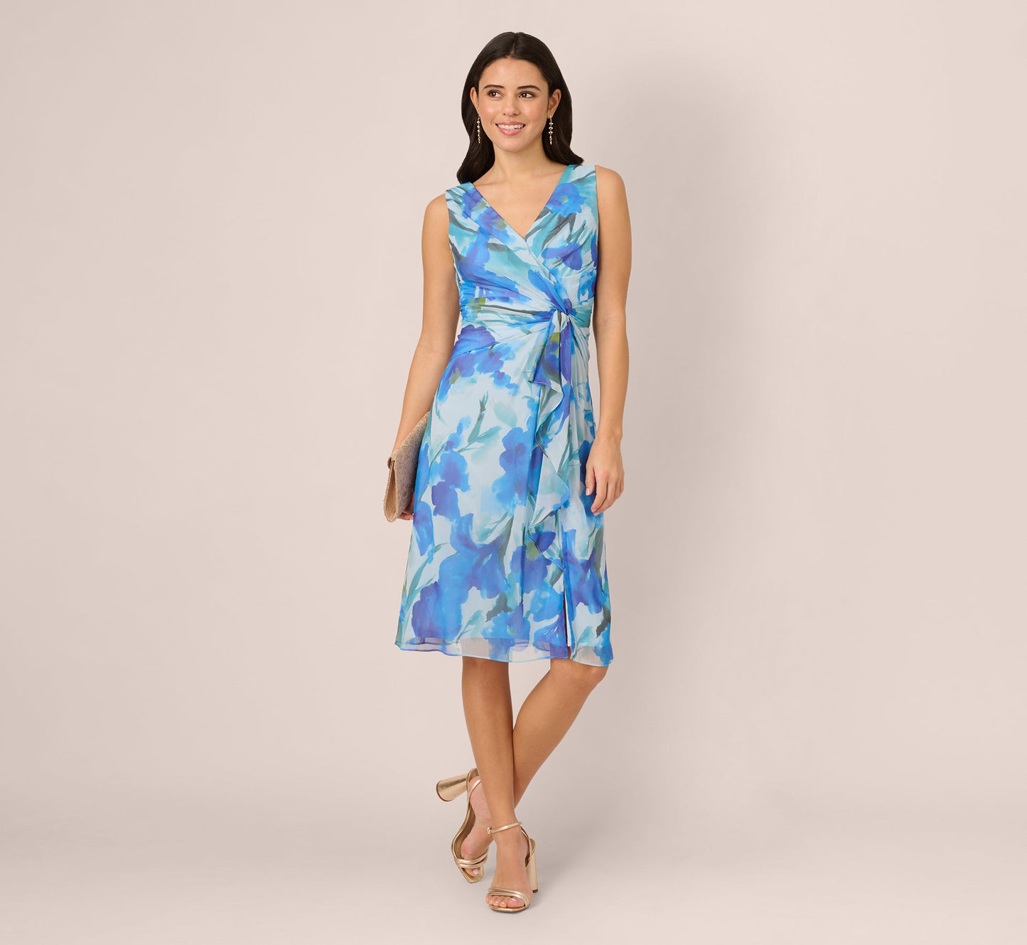 Sleeveless Draped Floral Chiffon Midi Sheath Dress In Blue Multi