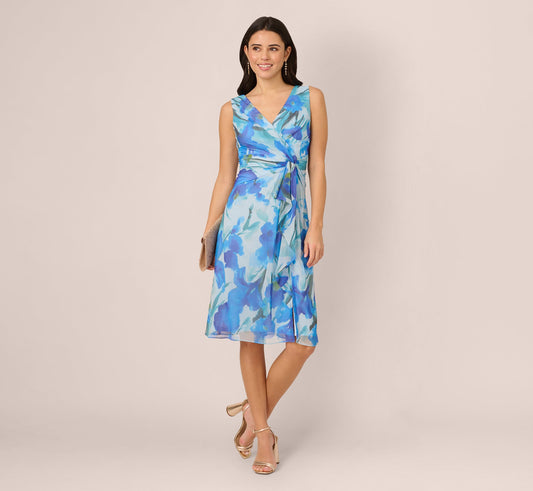 Sleeveless Draped Floral Chiffon Midi Sheath Dress In Blue Multi