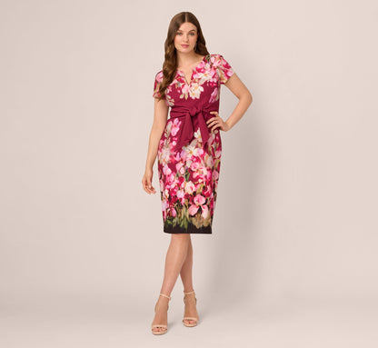 Short Sleeve Iris Floral Sheath Dress In Berry Multi