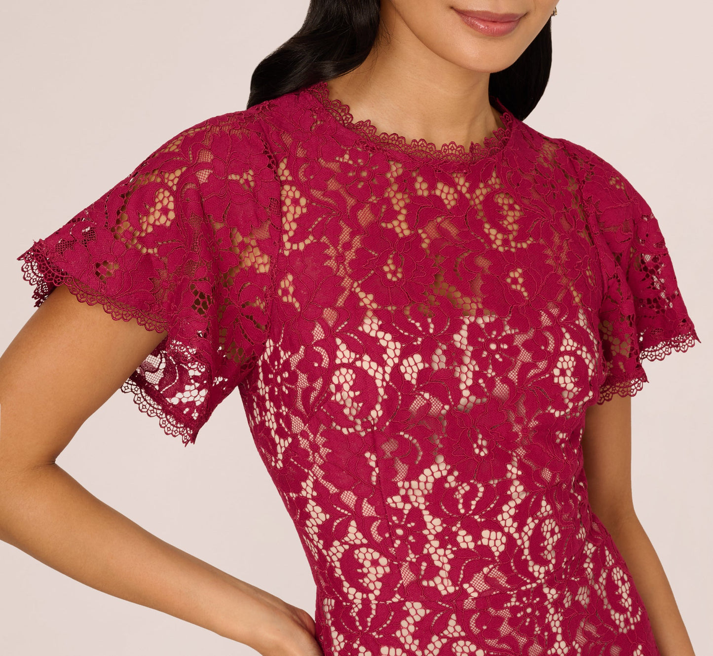 Short Sleeve Lace Illusion Short Dress In Light Wine