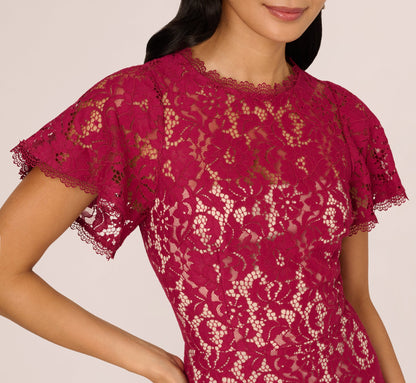 Short Sleeve Lace Illusion Short Dress In Light Wine