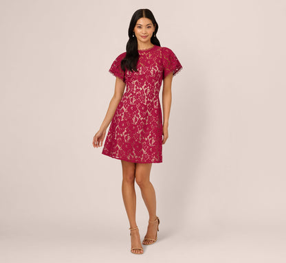 Short Sleeve Lace Illusion Short Dress In Light Wine