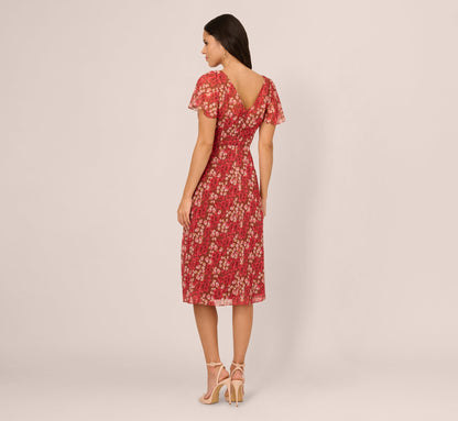 Flutter Sleeve Boat Neck Floral Chiffon Midi Dress In Mocha Multi