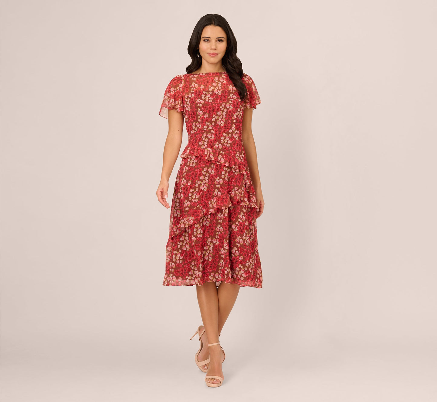 Flutter Sleeve Boat Neck Floral Chiffon Midi Dress In Mocha Multi