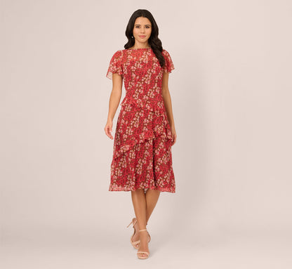 Flutter Sleeve Boat Neck Floral Chiffon Midi Dress In Mocha Multi