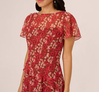 Flutter Sleeve Boat Neck Floral Chiffon Midi Dress In Mocha Multi