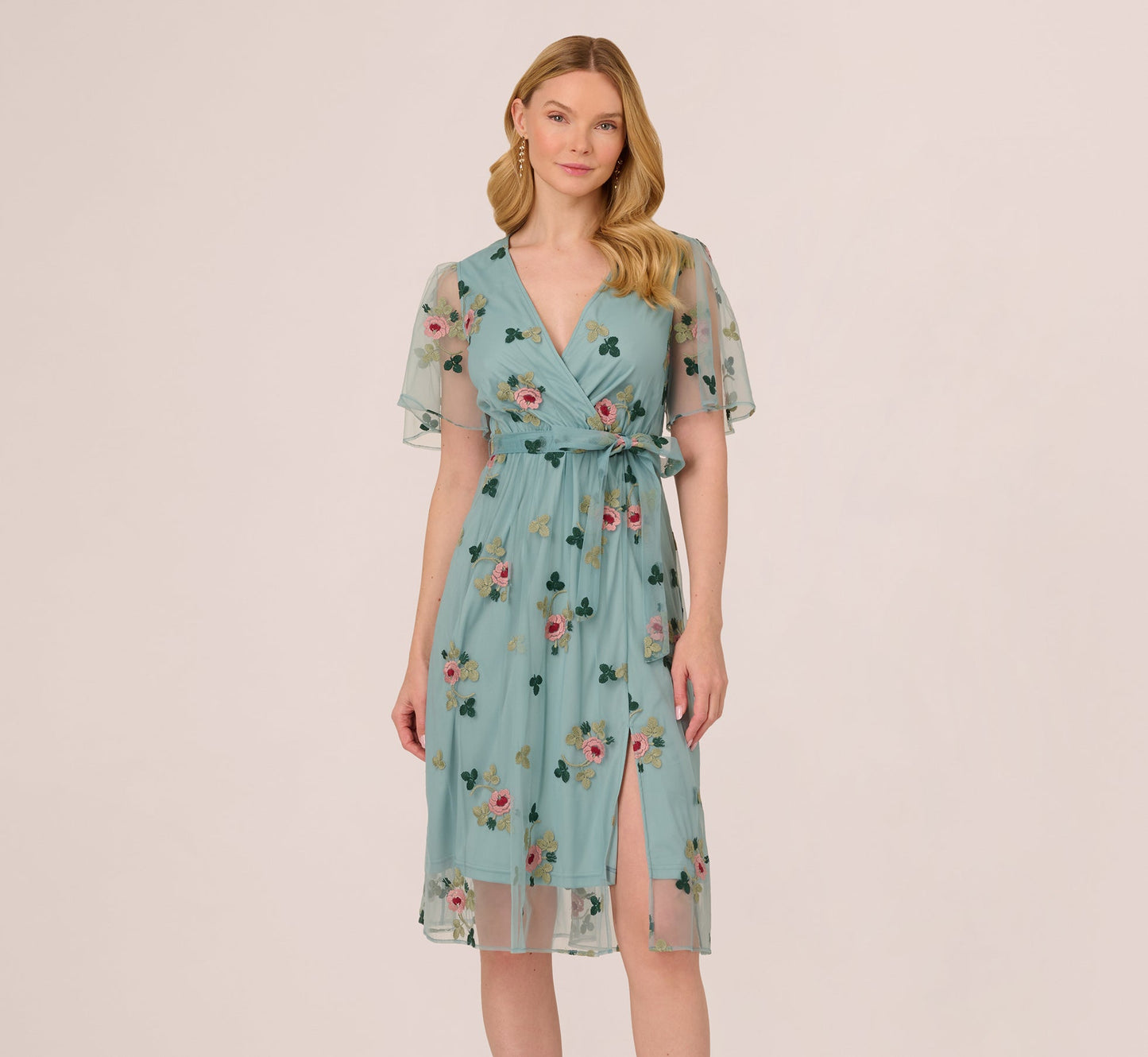 Flutter Sleeve Surplice Embroidered Midi Dress In Slate Multi