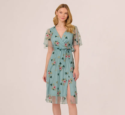 Flutter Sleeve Surplice Embroidered Midi Dress In Slate Multi