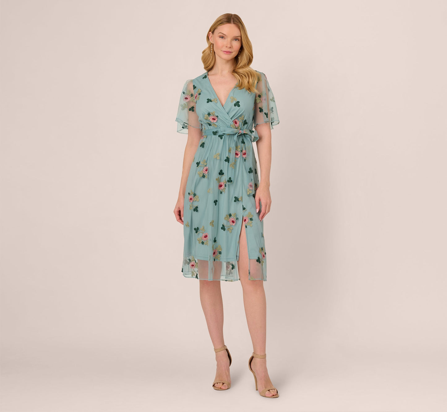 Flutter Sleeve Surplice Embroidered Midi Dress In Slate Multi