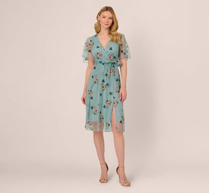 Flutter Sleeve Surplice Embroidered Midi Dress In Slate Multi