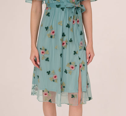 Flutter Sleeve Surplice Embroidered Midi Dress In Slate Multi