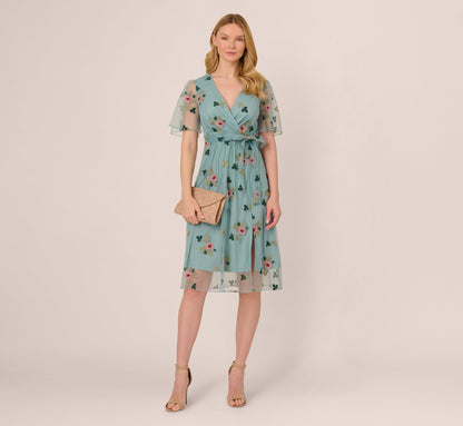 Flutter Sleeve Surplice Embroidered Midi Dress In Slate Multi