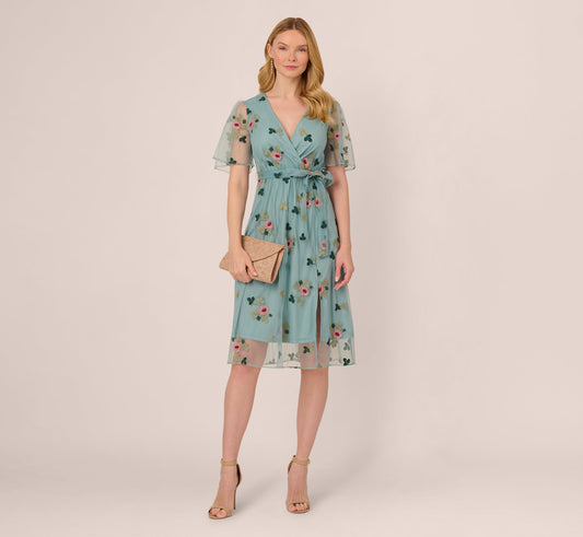 Flutter Sleeve Surplice Embroidered Midi Dress In Slate Multi