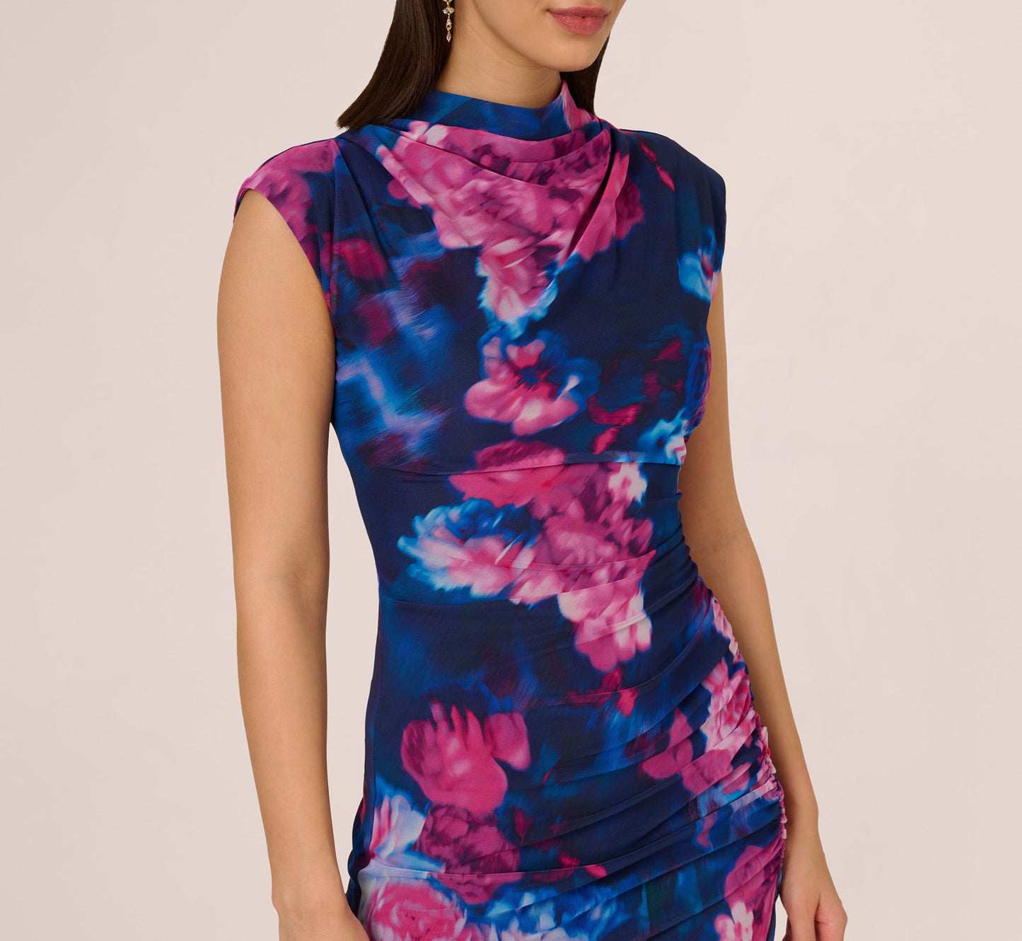 Sleeveless Floral Mesh Draped Midi Dress In Navy Pink Multi