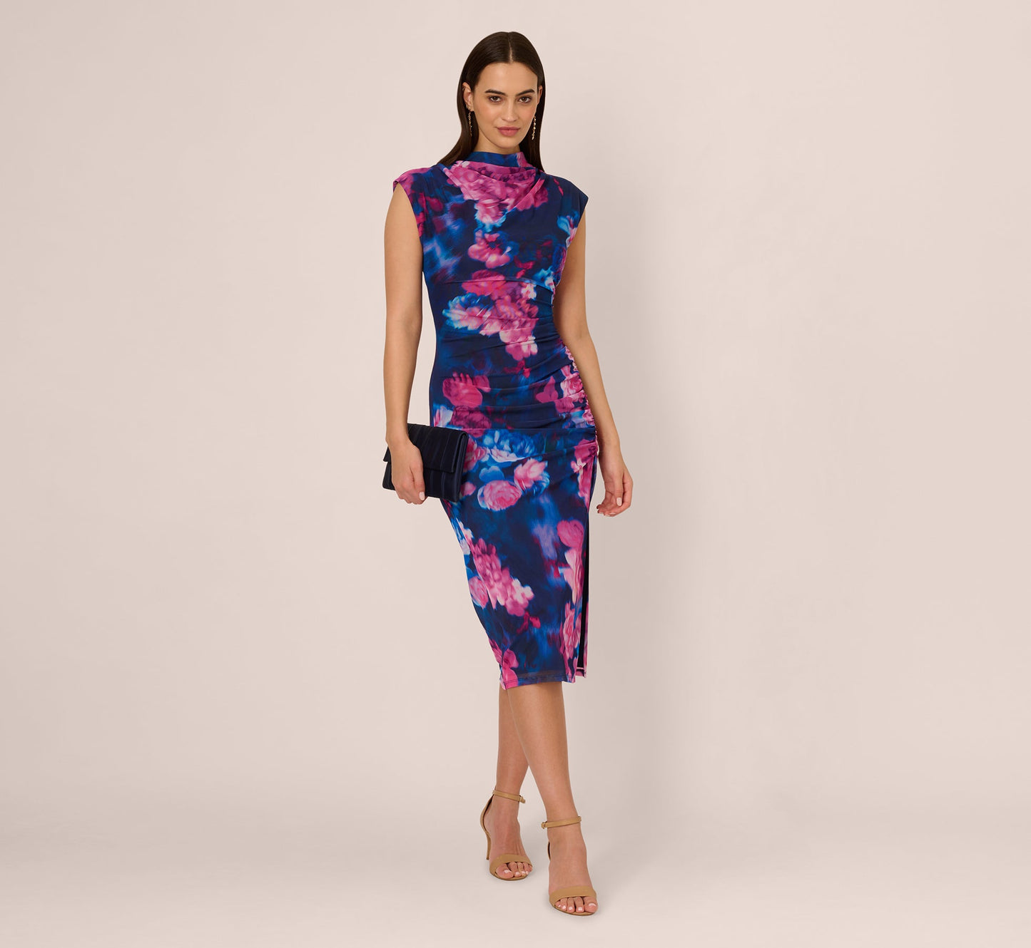 Sleeveless Floral Mesh Draped Midi Dress In Navy Pink Multi