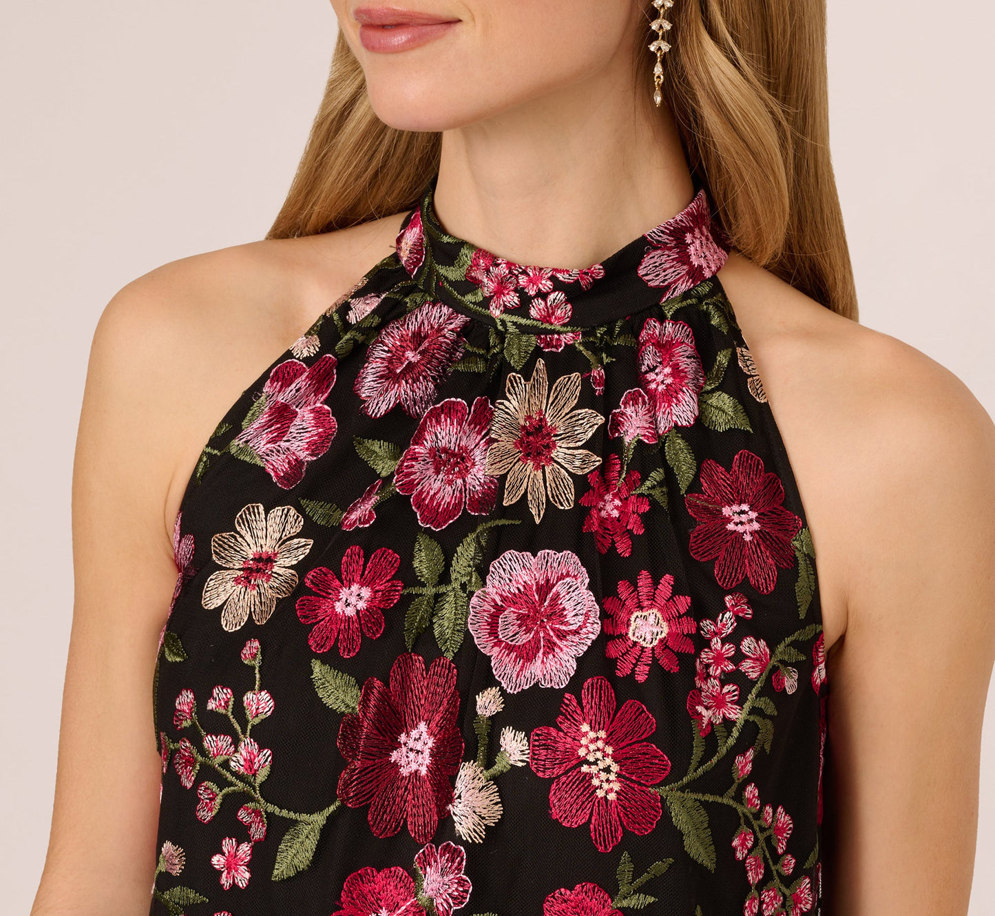Floral Embroidered Trapeze Halter Dress In Pink Multi
