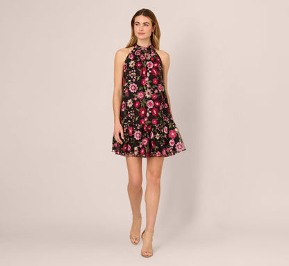 Floral Embroidered Trapeze Halter Dress In Pink Multi