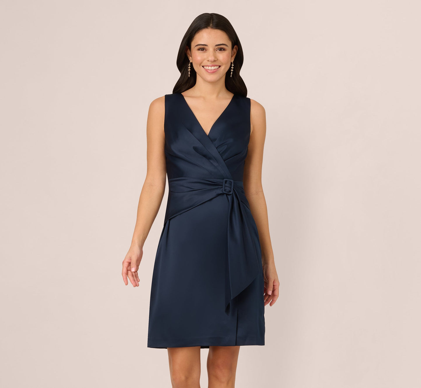 Sleeveless Satin Draped Short Dress In Dark Navy