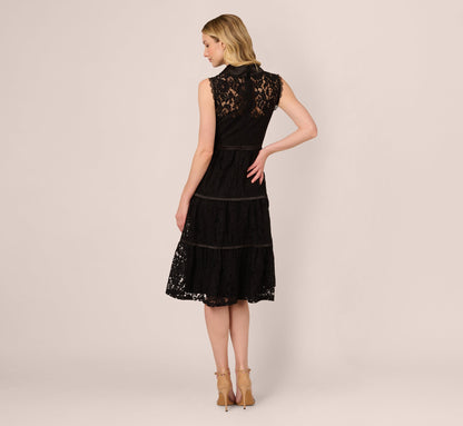 Sleeveless Collared Lace Fit And Flare Dress In Black