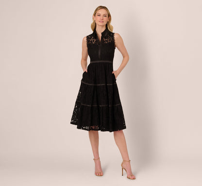 Sleeveless Collared Lace Fit And Flare Dress In Black