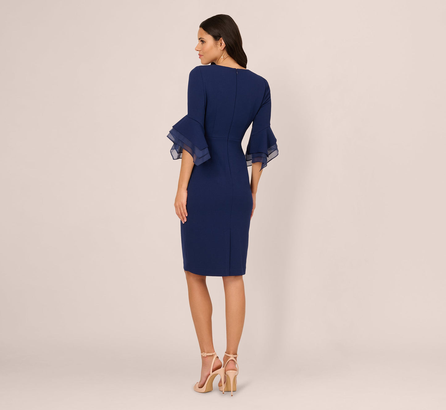Three Quarter Bell Sleeve Sheath Midi Dress In Navy Sateen