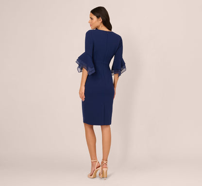 Three Quarter Bell Sleeve Sheath Midi Dress In Navy Sateen