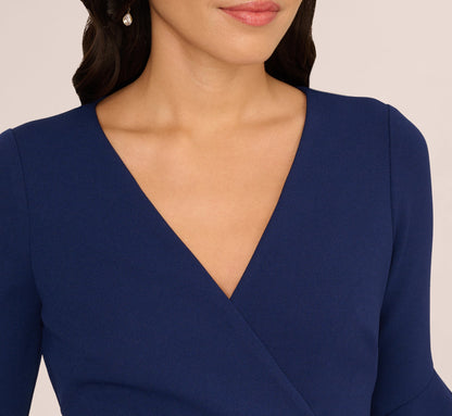 Three Quarter Bell Sleeve Sheath Midi Dress In Navy Sateen