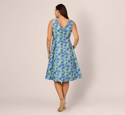 Plus Size Sleeveless Tulip Jacquard Fit And Flare Midi Dress In Blue Green Multi