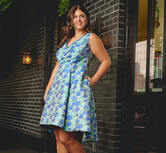 Plus Size Sleeveless Tulip Jacquard Fit And Flare Midi Dress In Blue Green Multi