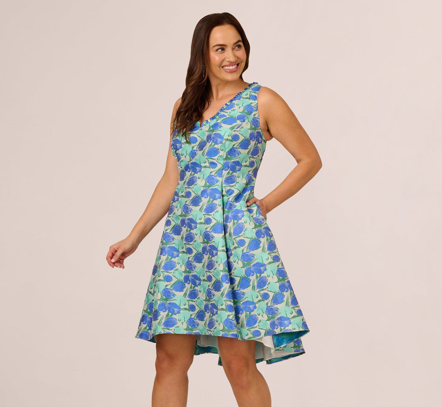 Plus Size Sleeveless Tulip Jacquard Fit And Flare Midi Dress In Blue Green Multi