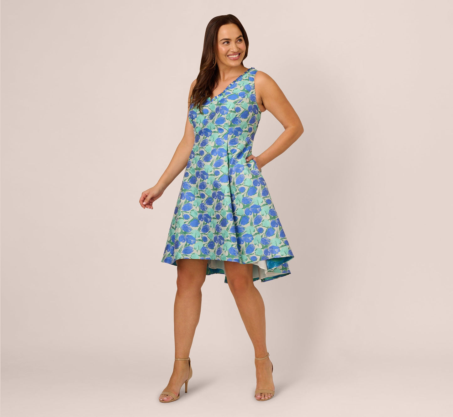 Plus Size Sleeveless Tulip Jacquard Fit And Flare Midi Dress In Blue Green Multi
