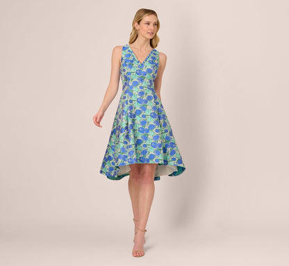 Sleeveless Tulip Jacquard Fit And Flare Midi Dress In Blue Green Multi